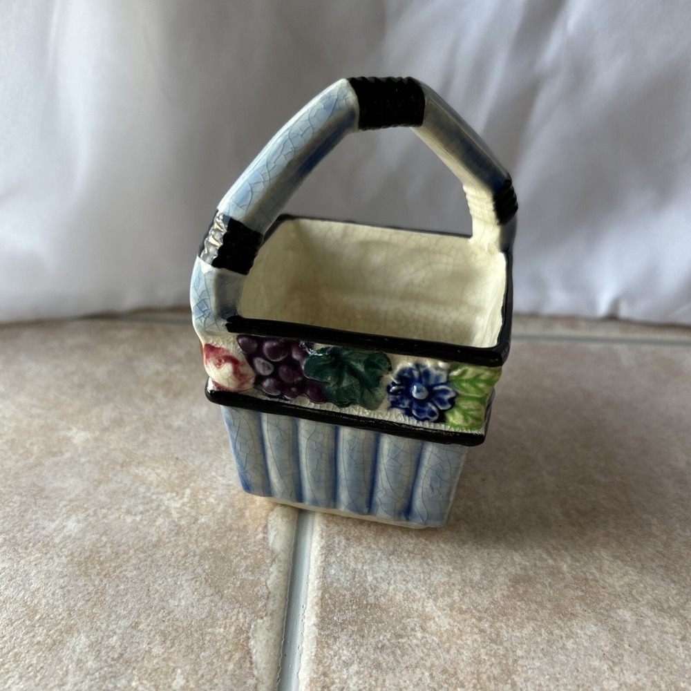 Made Japan Little Blue Floral Porcelain Basket With Handles